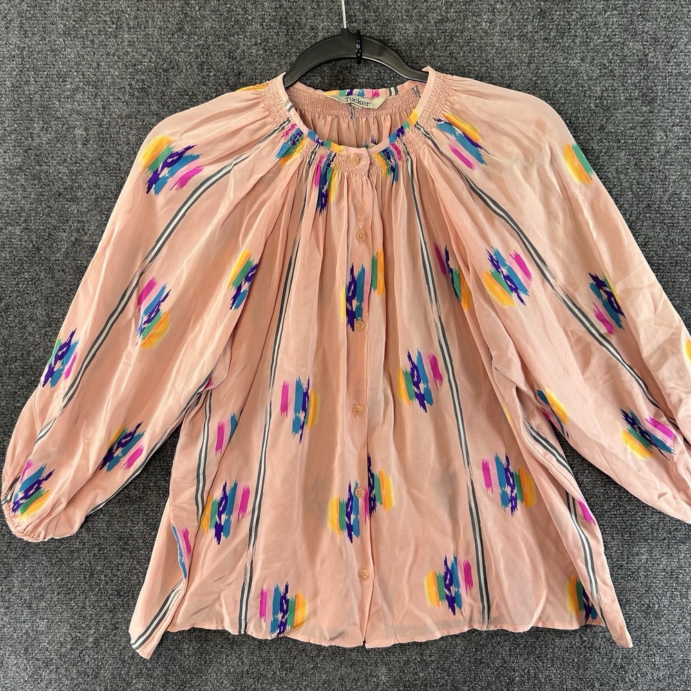 Vtg NWT Tucker 100% Silk Button Down Blouse Sz M Pink Aztec Print Boxy USA Made